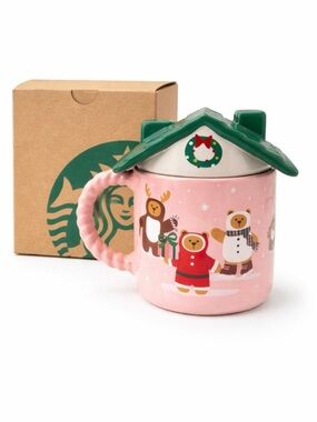 Starbucks Pink Holiday Bear Mug with Green Roof Lid